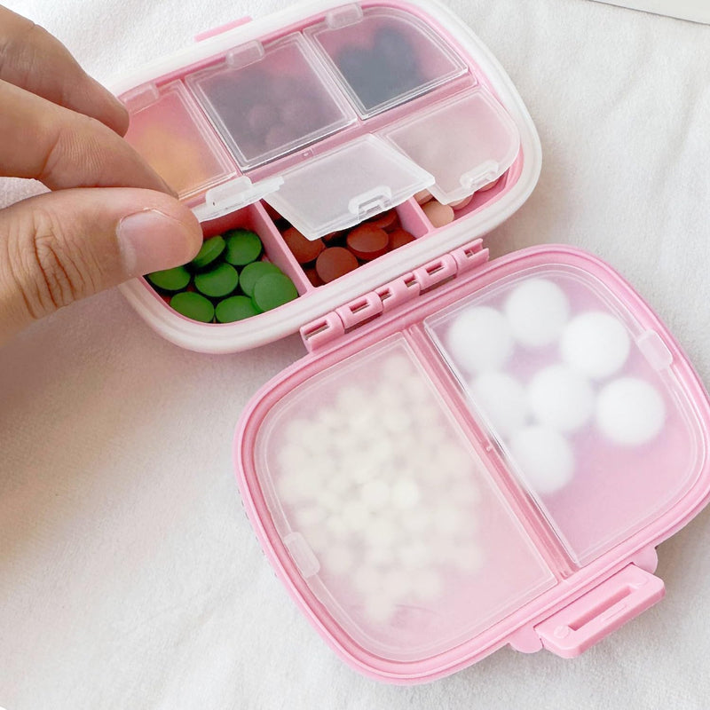 Bling Pill Case for Purse Medicine Vitamin Container Holder with Stickers | Pocket Pill Case Round Medicine Organizer for Vitamin/Fish Oils/Supplement Travel Medicine Kit 8 Compartment Pink