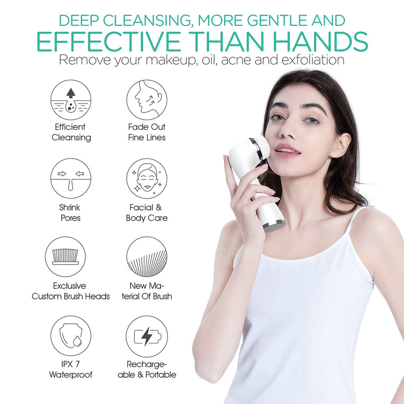 [Australia] - VOYOR Facial Cleansing Brush Rechargeable, Spin Face Brush Waterproof 5-in-1 Body Brush Set for Deep Skin Cleansing, Gentle Exfoliating and Massaging FB500 (White) White 
