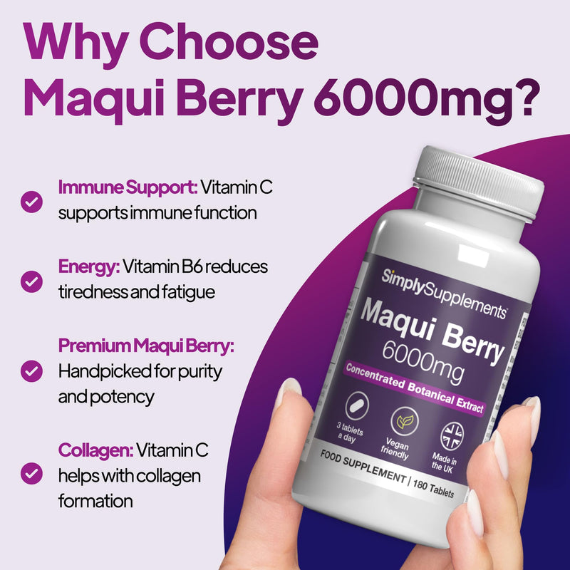Maqui Berry Supplement 6000mg | with Vitamin C | Supports Immune Function & Reduces Fatigue | Vegan & Vegetarian Friendly | 180 Tablets = 2-Month Supply | GMP Certified and UK Made Unflavoured 1 count (Pack of 180)