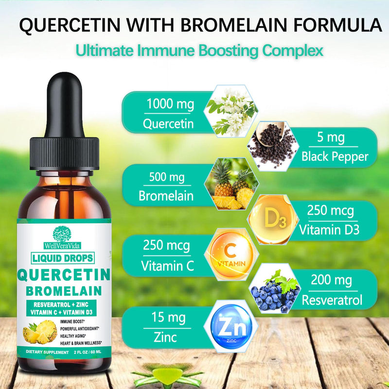 [Australia] - Quercetin with Bromelain Liquid Drops, 4X Stronger Than Capsules & Pills, 7-in-1 Organic Zinc Quercetin 1000mg with Bromelain 500mg Vitamin C D3 Immune Support for Respiratory Health & Antioxidant Pineapple 2 Fl/Oz (Pack of 1) 