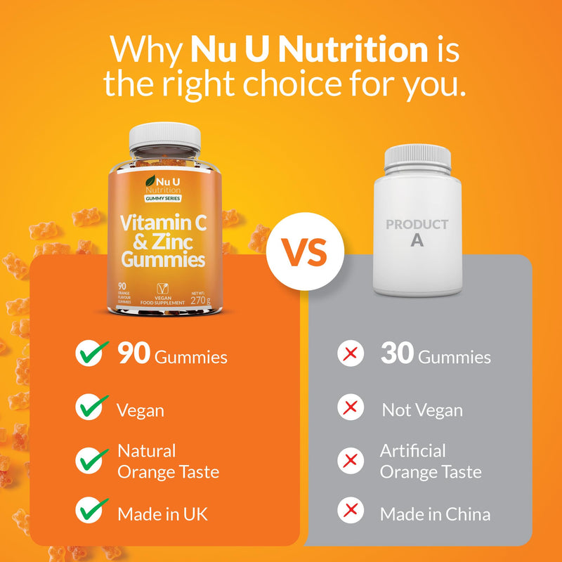 Nu U Nutrition - Vitamin C and Zinc Gummies - 90 Vegan Gummies - 120mg Vitamin C & 12mg Zinc per Serving - Natural Orange Flavour - Made in the UK