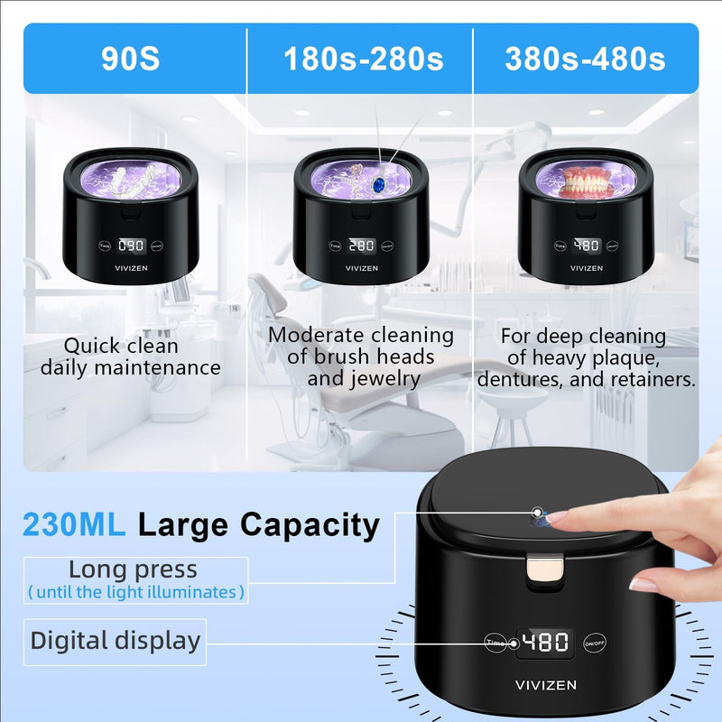 [Australia] - Ultrasonic Retainer Cleaner, Sonic Dental Cleaning Machine for Dentures, Aligners, Braces, Mouth Guards, Jewelry, for All Dental Appliances, Portable 30W/45kHz (Black) black 