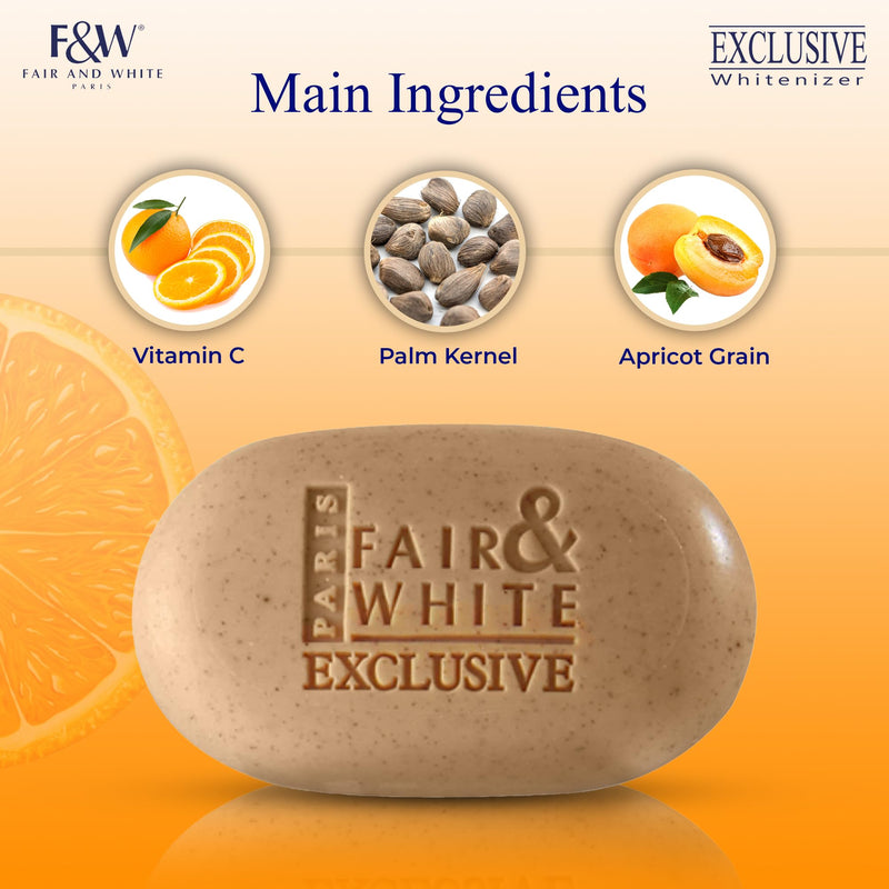 FAIR & WHITE Exclusive Exfoliating Soap - 7 oz / 200 g - Skin Brightening Bar, Moisturizing Soap for Uneven Skin Tone, with Vitamin C and Shea Butter 7 Ounce (Pack of 1)