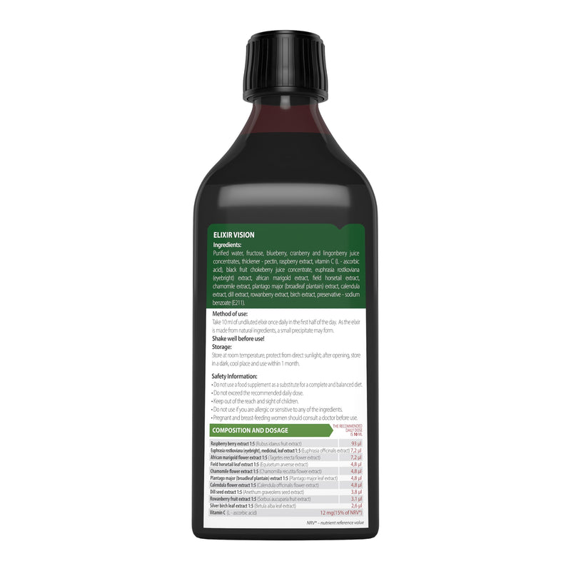 Elixir Vision, Nutritional Food Supplement with Plant Extracts for Adults – Herbal Liquid Formula with Eyebright & Marigold – 250ml – Vegan & Gluten-Free