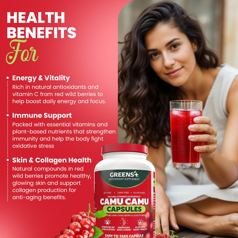 Greens+ SuperFruit Camu Berry Supplement Capsules | Antioxidant | 120 Count | Amazon Camu Camu Berry | Energy Boost Vitamins & Minerals | High ORAC Antioxidants, 400mg Natural Vitamin C Supplement