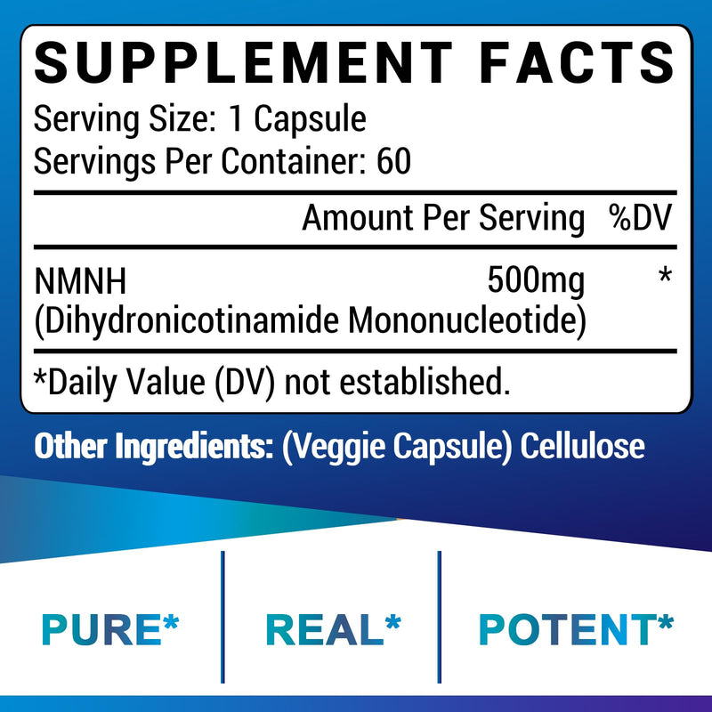 NMNH Supplement, Nad Supplement for Anti-Aging, 60 Capsules (60 Servings) | NMNH (Dihydronicotinamide Mononucleotide) for Boost NAD+ Levels as We Age (May Be More Effective Than Nicotinamide Riboside) 60 Count (Pack of 1) 60 Count (Pack of 1)
