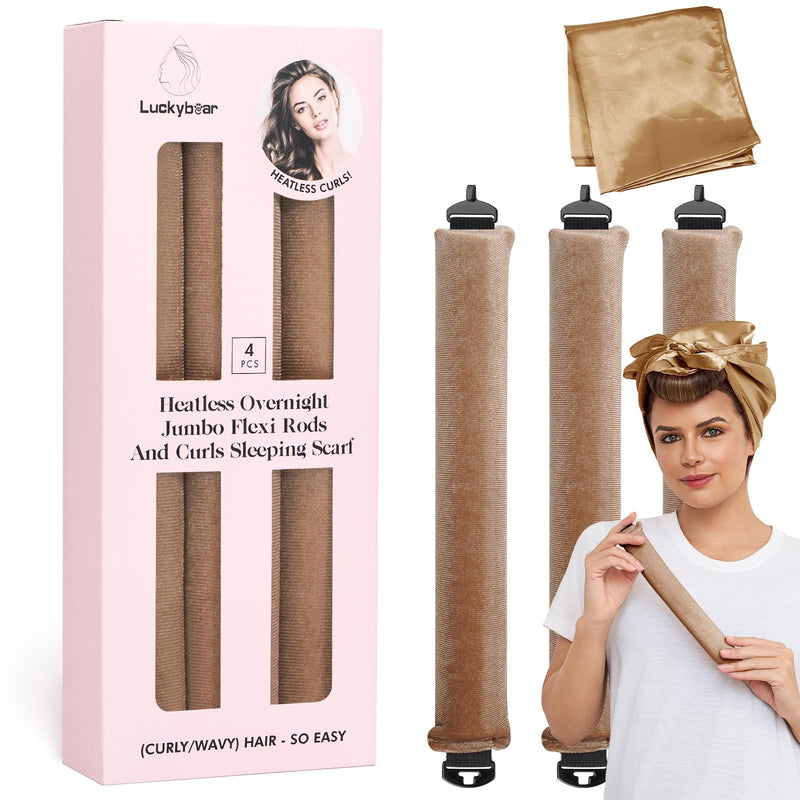 Heatless Curls Overnight Rods Jumbo Set, Heatless Hair Curler Velvet Satin Jumbo Flexi Rods to Sleep in, No Heat Overnight Sleeping Blowout Curls Wave Styling Tools with Silk Scarf 4pcs Khaki