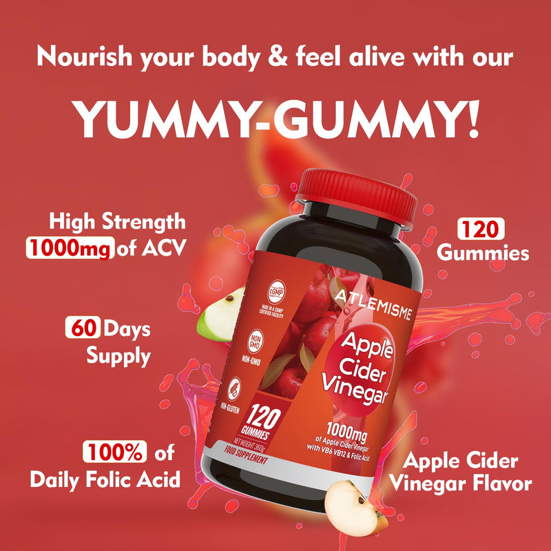 Apple Cider Vinegar Gummies, 120 Count (2 Months), Max Strength 1000mg with B Vitamins & Antioxidants Supports Digestion, Metabolism & Immune Health Vitamin B12, B6, Vegan, Non-GMO