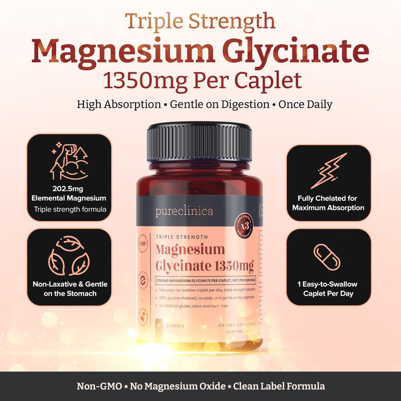 Triple Strength Magnesium Glycinate 1350mg x 90 Caplets – 202.5mg Elemental Magnesium Per Caplet – 3 Months Supply - 100% Glycine Chelated, Gentle on The Stomach 90 count (Pack of 1)