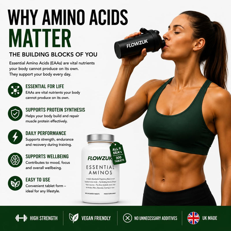 Essential Amino Acids – 300 Tablets | Full Spectrum EAAs with BCAAs | Vegan-Friendly | UK Made | High-Strength Amino Supplement