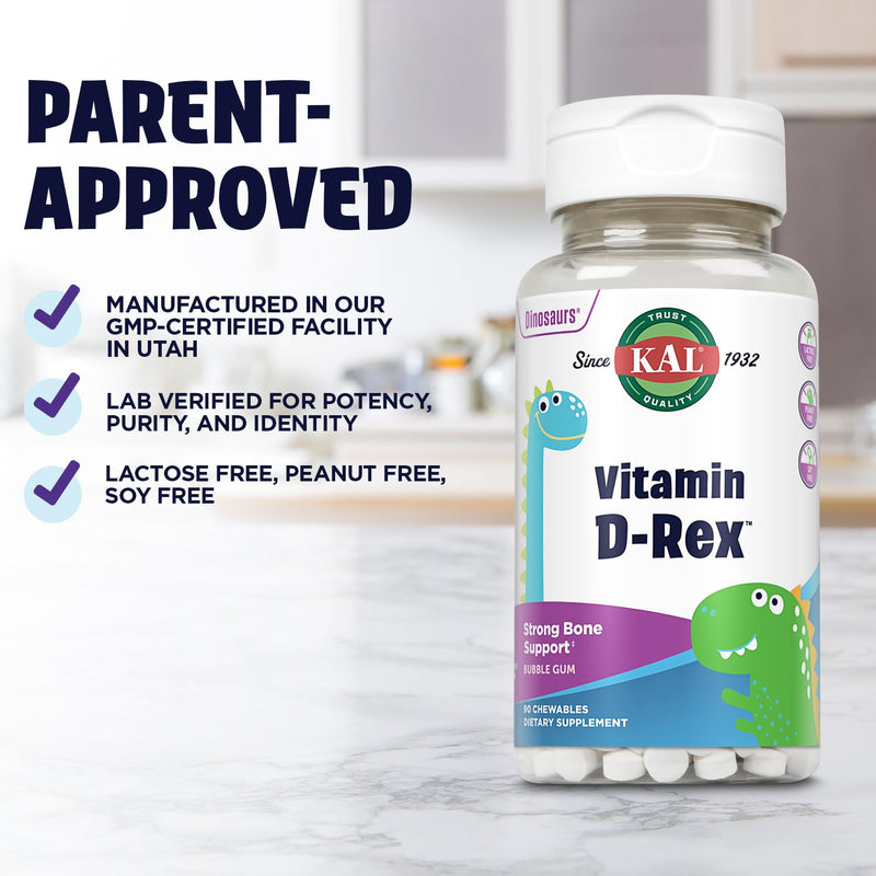 KAL Vitamin D-Rex Chewable, Childrens Vitamins 400 IU D-3, Bubble Gum Flavor, Strong Bone & Immune Support, Lactose/Peanut/Soy Free, 60-Day Guarantee, 90 Servings, 90 Dinosaur Shape Chewables 90 Count (Pack of 1)