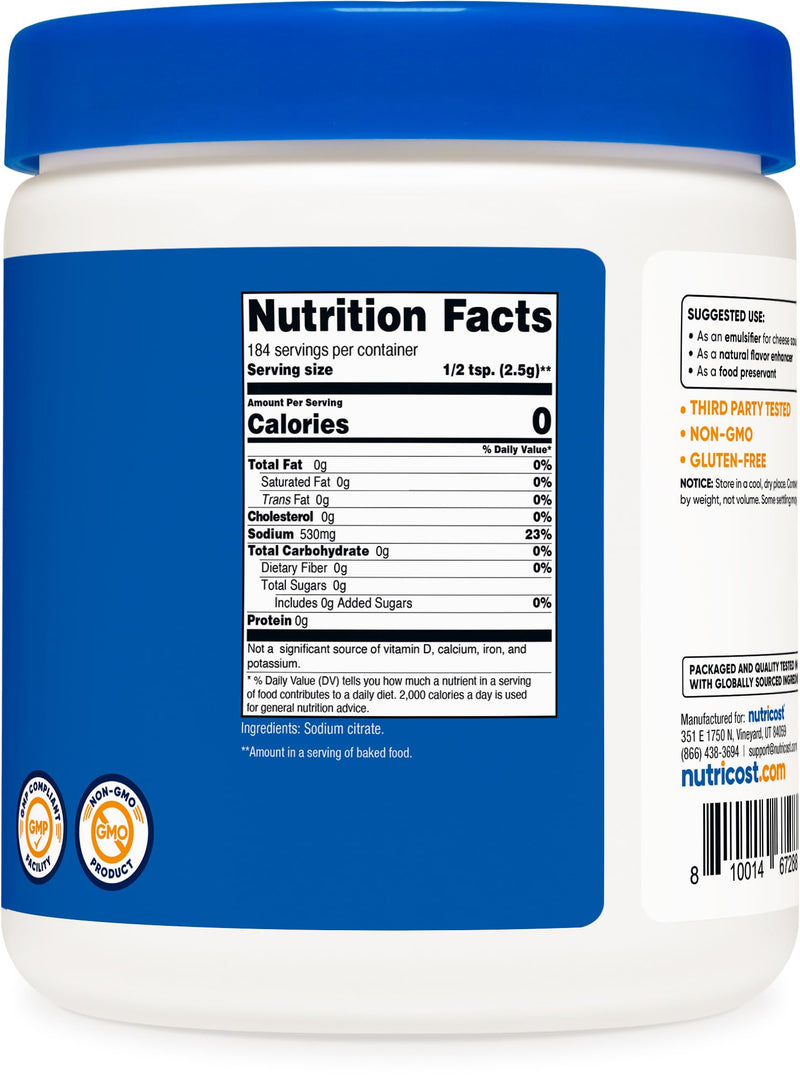 [Australia] - Nutricost Sodium Citrate Powder 1LB (16oz) - Food Grade, Non-GMO - Emulsifier, Natural Flavor Enhancer, Food Preservant 