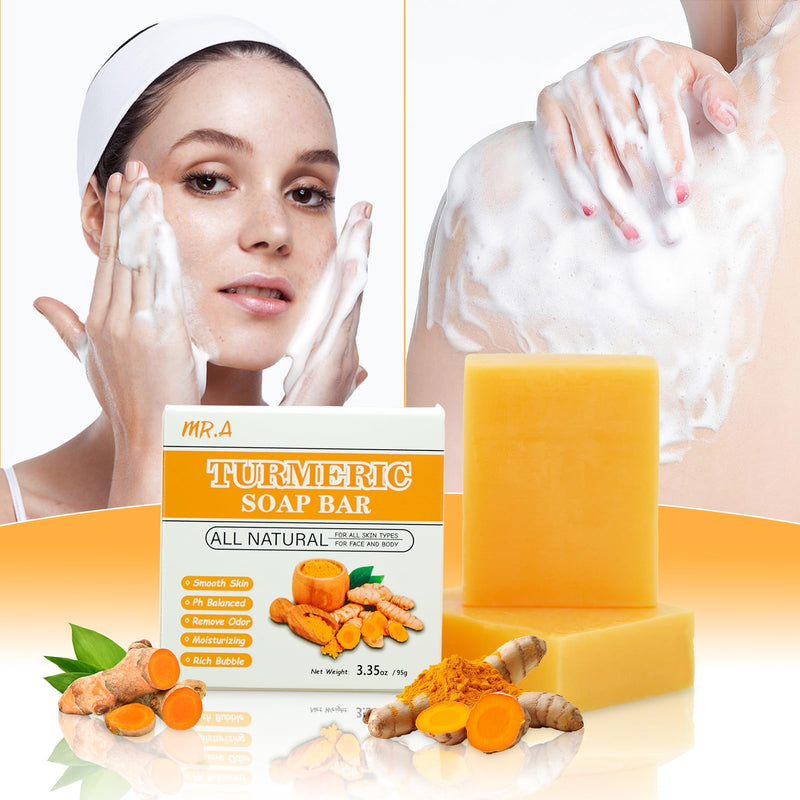 MR.A 2Pcs Turmeric Soap Bar and Turmeric Oil Set for Face & Body, Nautral Ingredients with Vitamin C to Cleanses, Soothing, Hydrating Skin, Turmeric Skin Care Set for All Skin Type