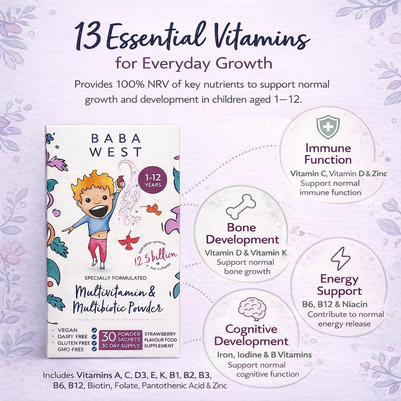 Children’s Multivitamin & Multibiotic Powder - 12.5 Billion Live Cultures & 13 Vitamins - Easy Daily Sachets for 1-12 Years - 30 Sachets (1 Month Supply)