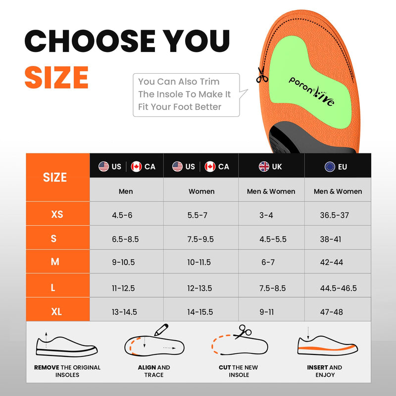 [Australia] - Work Insoles Fatigue Relief High Arch Support, Welnove Plantar Fasciitis Insoles Orthopedic Pain Relief for Long-Term Standing, Flat Feet, 220+ lbs Heavy Duty Men Women (M) Orange M (42-44) 