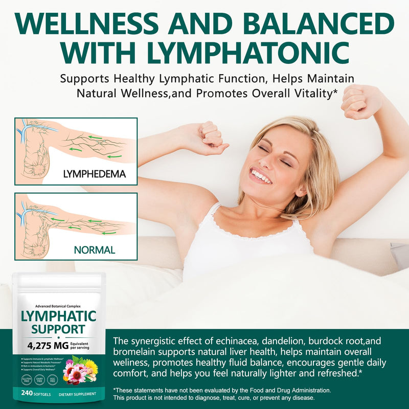 Lymphatic Drainage Supplements, Herbal Blend for Immune and Fluid Health for Men Women,with Dandelion, Burdock Root, Echinacea, Turmeric,240 Softgels for Lymph System Balance (Pack of 1) 240 Count (Pack of 1)