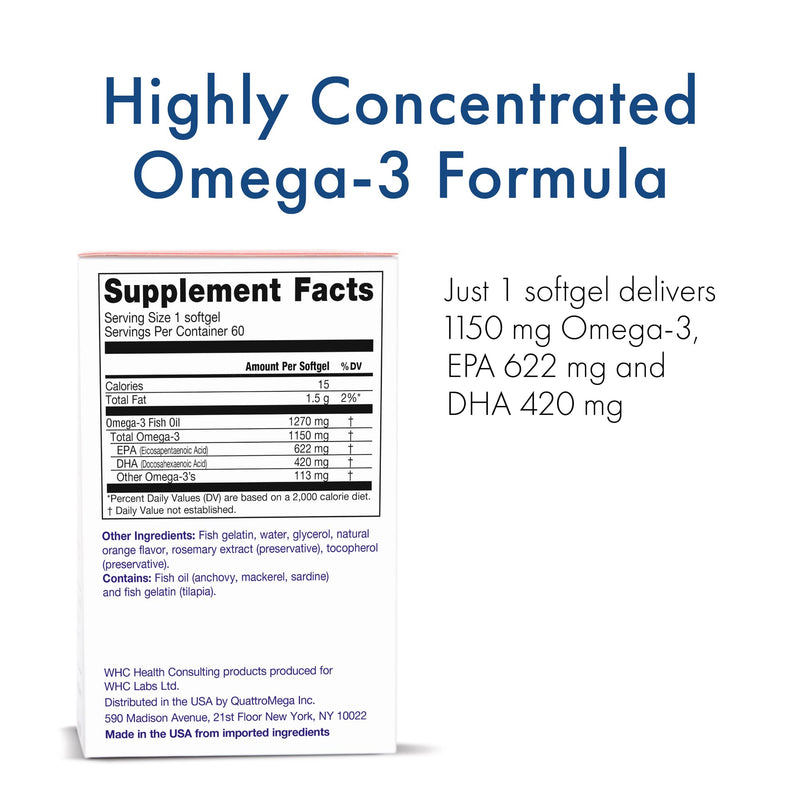 [Australia] - WHC, UnoCardio X2 Fish Oil, Triglyceride Omega-3 Fatty acids, 1270 mg Fish Oil Supplement (622 mg EPA / 420 mg DHA/Total 1150 mg of Omega-3 per Serving), Natural Orange, 60 softgels 