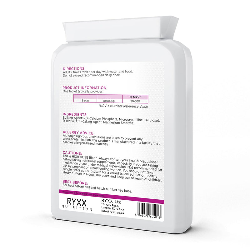 Biotin Complex 10,000µg | High Strength Biotin for Hair Growth, Skin & Nails | 120 Vegan Tablets | Made in the UK by RYXX
