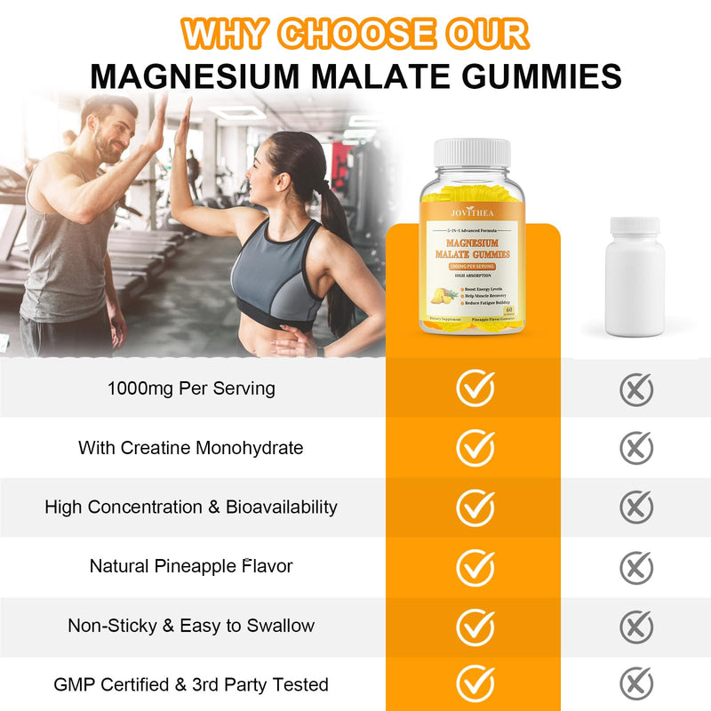 2 Pack Magnesium Malate Gummies 1000mg, High Absorption Magnesium Supplements for Adults & Kids, with L-Theanine, CoQ10 & Vitamin B6, Support Energy Production, Muscle Function, Non-GMO, Vegan, 120Ct 60 Count (Pack of 2)