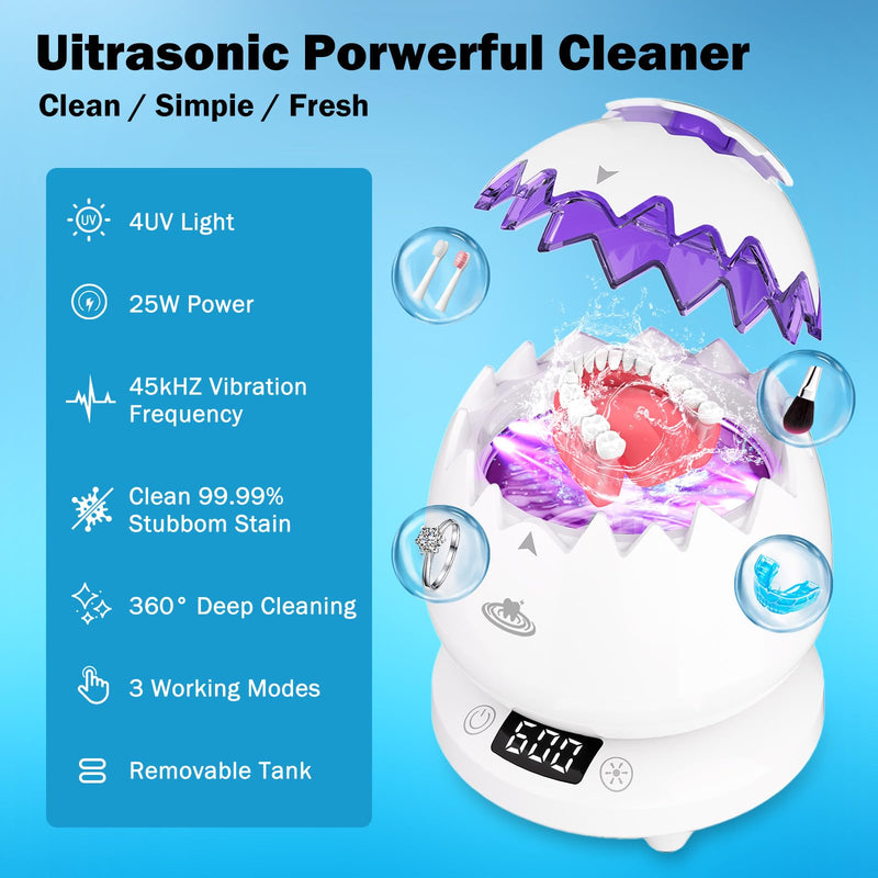 [Australia] - Ultrasonic Retainer Cleaner Machine for Denture, 45kHz Dental Cleaning Pod with Digital Timer, 3 Modes Waterproof Ultrasonic Denture Cleaner for Mouth Guard, Aligner, Jewelry, Braces,Rings,Necklaces 