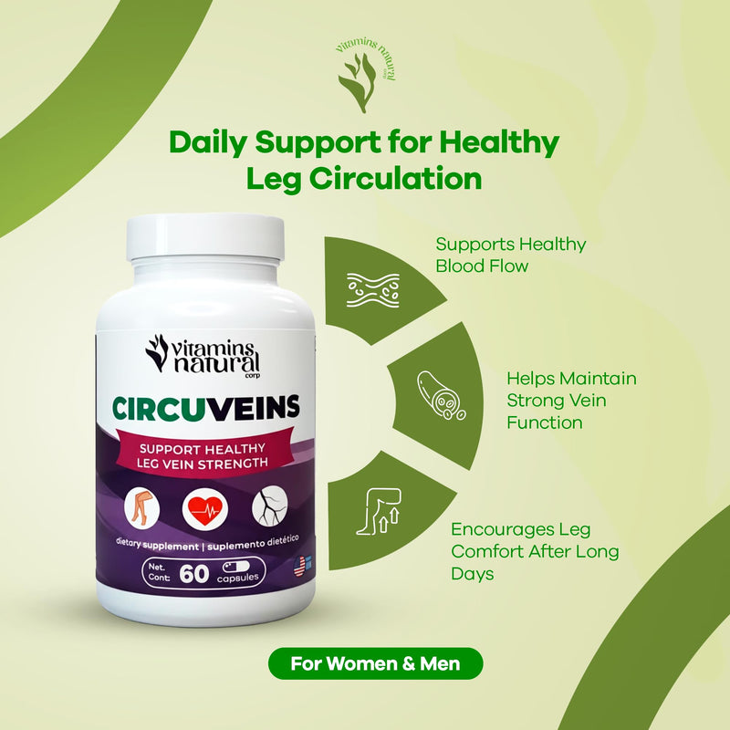 CircuVeins Leg and Vein Support Supplement 60 Caps. | With Horse Chestnut, Gotu Kola, Butcher's Broom and Grape Seed for Healthy Circulation and Leg Comfort