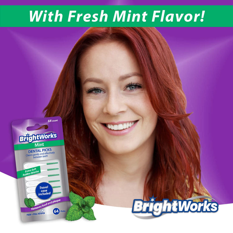 [Australia] - BrightWorks Mint Dental Picks, with Extra Soft Rubber Bristles and Flexible Tip, Clean Gently and Effectively Between Teeth, Travel Case Included, 3 Packs (64 Per Pack) [192 Total Picks] 