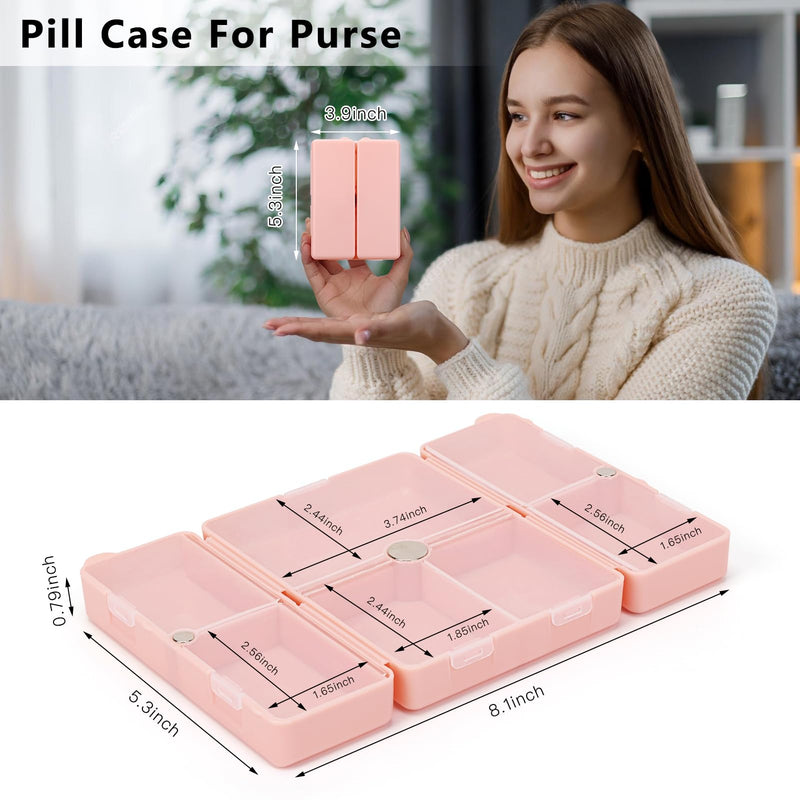 FYY Travel Pill Organizer, Large Pill Box Medicine Case-2pcs Pink Navy | Easy to Use, Privacy Protection,Magnetic Foldable Pill Case for Purse or Pocket to Hold Vitamins,Supplements,Medication,2 Pcs Large (2 Pieces) Pink+navy
