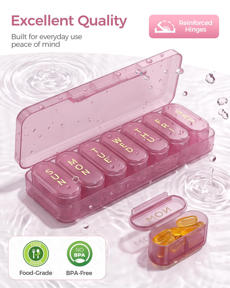 XL Weekly Pill Organizer Once a Day, 7 Day Pill Case with Large Capacity | Portable Travel Medicine Box with Removable Daily Compartments, Easy to Use, Bold Label, for Vitamin, Supplement, Pink Purple