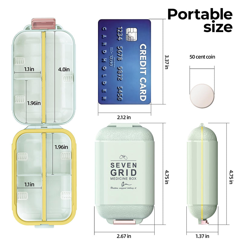 7 Compartments Travel Pill Organizer, Foldable Portable Airtight Daily Pill Box, Compact Pill Case for Purse & Pocket, BPA-Free Medicine Organizer for Vitamins Fish Oil Supplements (Green) Green Medium