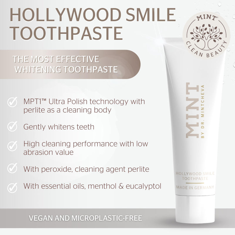 [Australia] - Mint Hollywood Smile Toothpaste (85 ml) - Innovative 2-Phase Formula with Whitening Booster - Fluoride-Free - MPT1 Ultra Polish Technology with Perlite - Pap Technology for Gentle Whitening - Vegan 