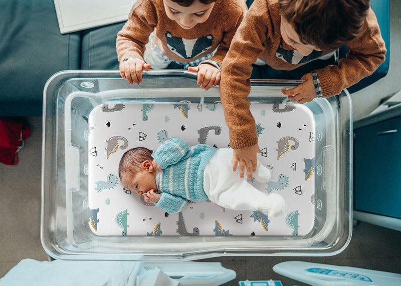 [Australia] - GRSSDER Stretchy Ultra Soft Fitted Bassinet Sheet Set 2 Pack, Universal Fit for Bassinets Baby Cradle Moses Basket Oval Rectangle Pad/Mattress, Happy Dinosaurs Bassinet Sheets for Girls and Boys Blue 