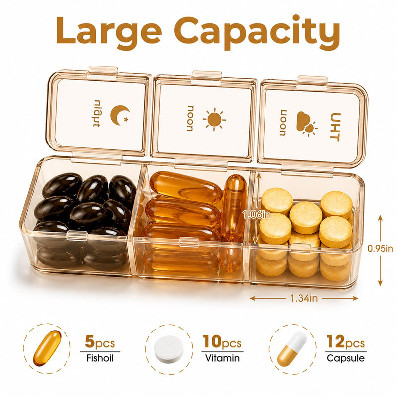 Weekly Pill Organizer 3x a Day - 7 Day Pill Box with 21 Compartments (Morning/Noon/Night), BPA-Free Daily Pill Case, Portable Medicine Organizer for Vitamins, Supplements & Medication【Upgrade】 (Brown) Brown