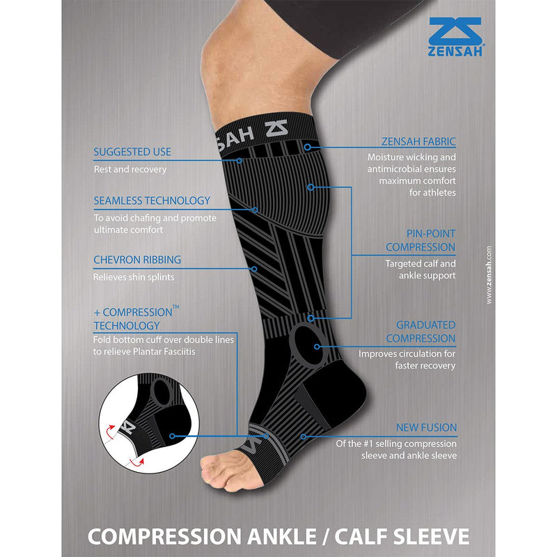 Zensah Ankle/Calf Compression Sleeves- Toeless Socks for Circulation, Swelling for Men and Women Large Black