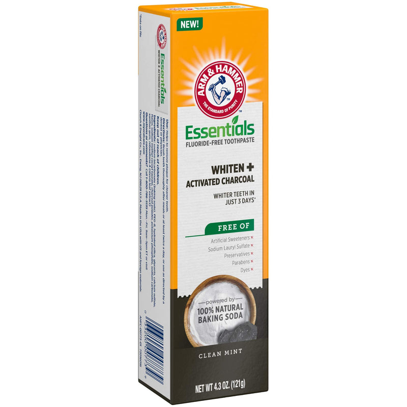 ARM & HAMMER Essentials Fluoride-Free Toothpaste, Whitening + Activated Charcoal Toothpaste, 4 Pack of 4.3oz Tubes, Clean Mint, 100% Natural Baking Soda 4.3 Ounce (Pack of 4)