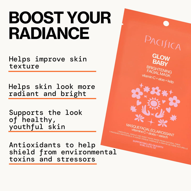 Pacifica Glow Baby Brightening Vitamin C Face Mask 4-Pack – Hydrating Serum-Soaked Sheet Mask for Glowing Skin, Fights Dullness & Dark Spots, Infused with Aloe & Kelp, 100% Vegan & Cruelty-Free 1 Count (Pack of 4)