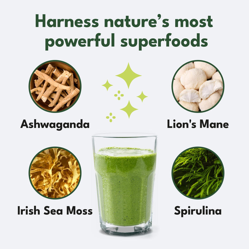 Greens Powder - Made in UK with 37 superfoods - 300g High Dosage Servings - Vegan Gluten Free Greens Powder- Daily Vitamins, probiotics for Gut Health - with KSM-66® Ashwagandha and Lions Mane Original Blend 300 g (Pack of 1)