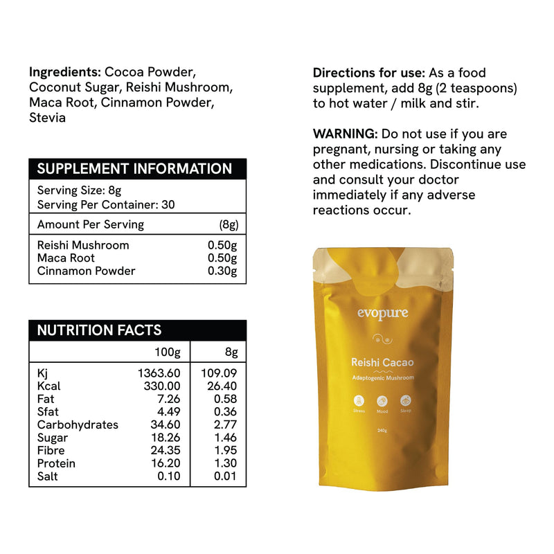 Reishi Mushroom Cacao Powder 240g | Sleep Stress & Relaxation | Adaptogen with Maca | Vegan UK | 30 Servings