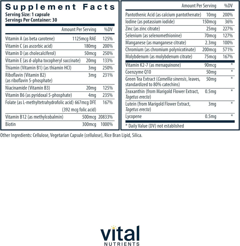Vital Nutrients Once Daily Multivitamin - Vegan Multi for Women & Men - Allergen-Free - 19 Essential Vitamins + Antioxidants for Eye and Heart Health - Gluten, Dairy & Soy-Free - 30 Capsules 30 Count (Pack of 1)