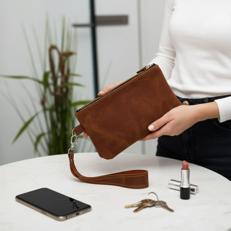 Leather Cosmetic Pouch - Genuine Leather Makeup Bag with Detachable Wrist Strap, Zipper Makeup Bag, Small Travel Toiletry Case, Warm Brown