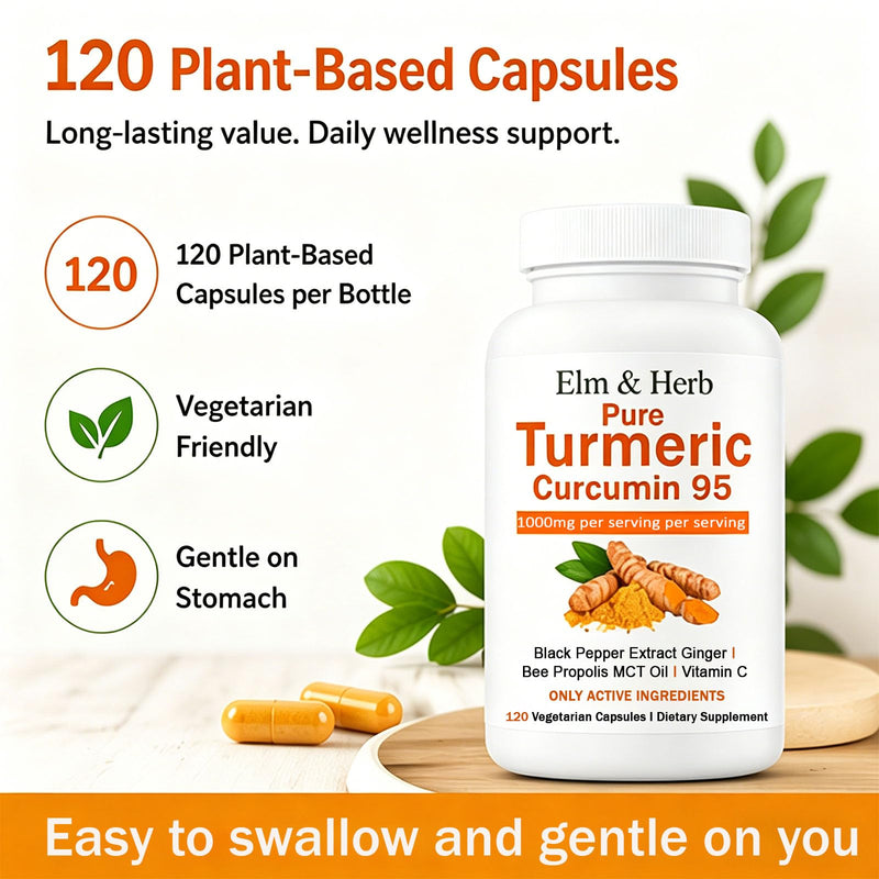 Elm & Herb Pure Turmeric Curcumin 95, Elm and Herb Turmeric Curcumin Supplement Capsules with Black Pepper Extract, Ginger, Bee Propolis, MCT Oil & Vitamin C (1) 1