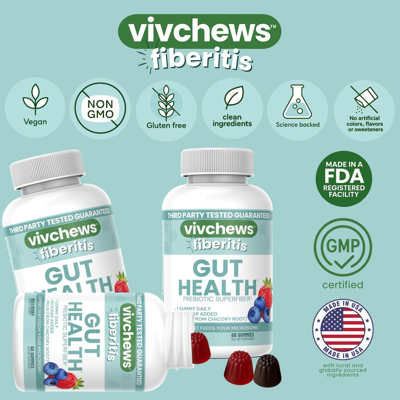 Gut Health Gummies – Prebiotic Fiber for Bloating Relief, No Sugar Added, Non-GMO, Fruit Pectin Based, Gluten-Free, No Artificial Colors, Flavors or Sweeteners, 2 Month Supply