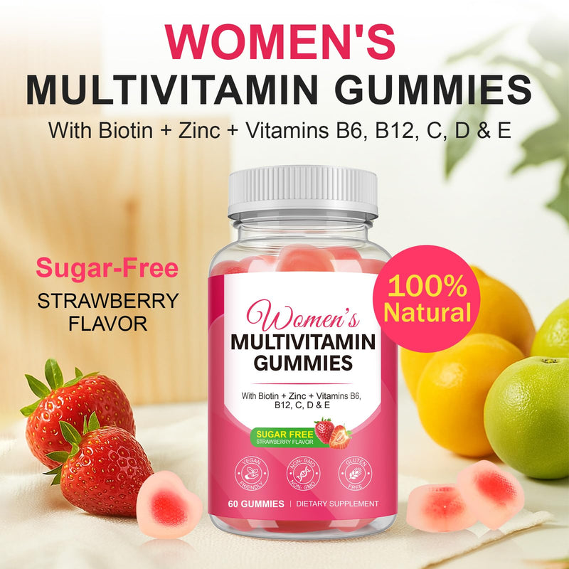 Multivitamin Gummies Women 60 Gummies - Essential Vitamins & Minerals, Sugar-Free Formula, Vegan Friendly, Strawberry