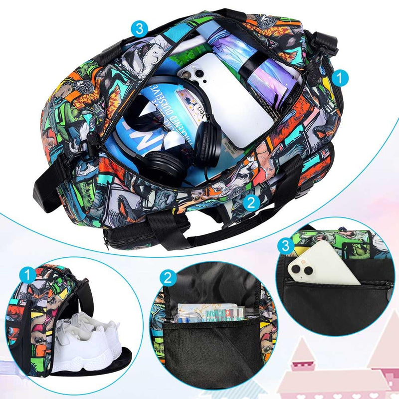WZLVO Duffle Bag for Boys with Shoe Compartment - Dinosaur Print Sports Bag for Kids, Lightweight Travel Gym Overnight Weekender Bag (18x9x10 Inches) Boys Dinosaur Duffle Bag