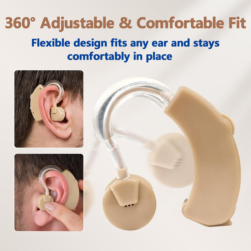 Hearing Amplifier for Seniors & Adults (Pair), Behind-the-Ear Personal Hearing Support Device with 6 Volume Levels, Noise Reduction for Clear Conversations, 6 Domes, Battery Powered, Case Beige 2-Pack Behind-the-Ear Battery