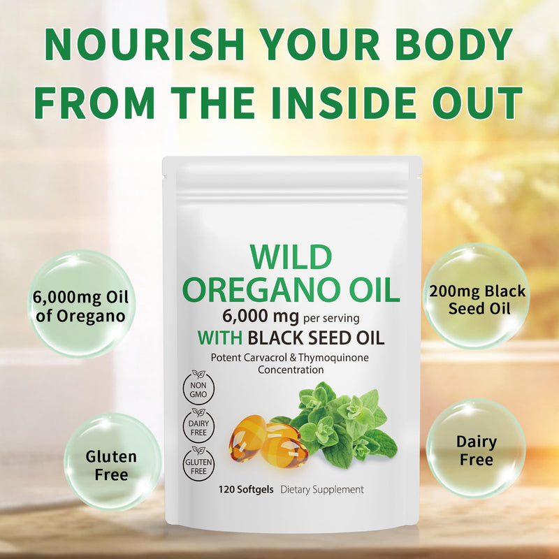 [Australia] - Oil of Oregano Softgels - Wild Oregano Oil 6,000mg with Black Seed Oil 200mg Capsules, 120 Count, Potent Carvacrol & Thymoquinone, Non-GMO, Dairy Free, Gluten Free 