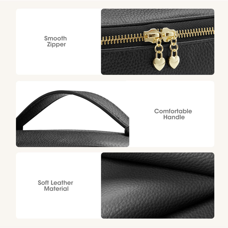Kattee Makeup Bag for Women, Leather Cosmetic Bag, Working Makeup Bags for Ladies with Handles, Portable Travel Toiletry Bag,Black Black