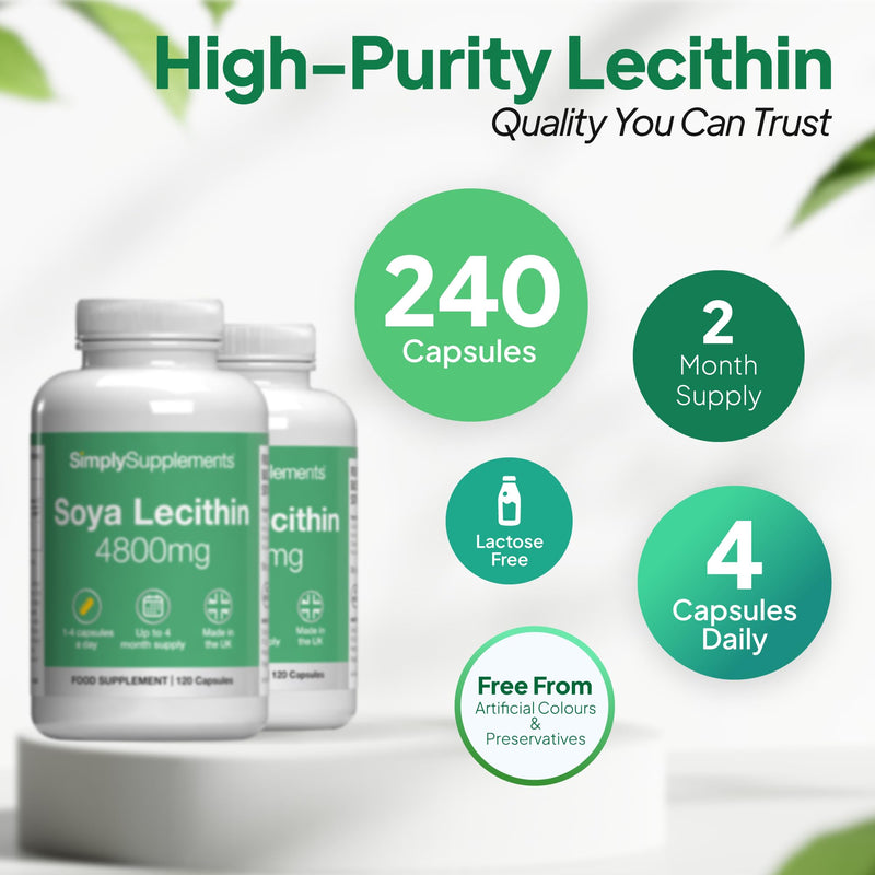 SOYA Lecithin 4800mg Capsules | High-Purity SOYA Lecithin | Contributes to Normal Cell Membrane Structure | 240 Capsules = Up to 8 Months’ Supply | UK Made | GMP-Certified 120 count (Pack of 2)
