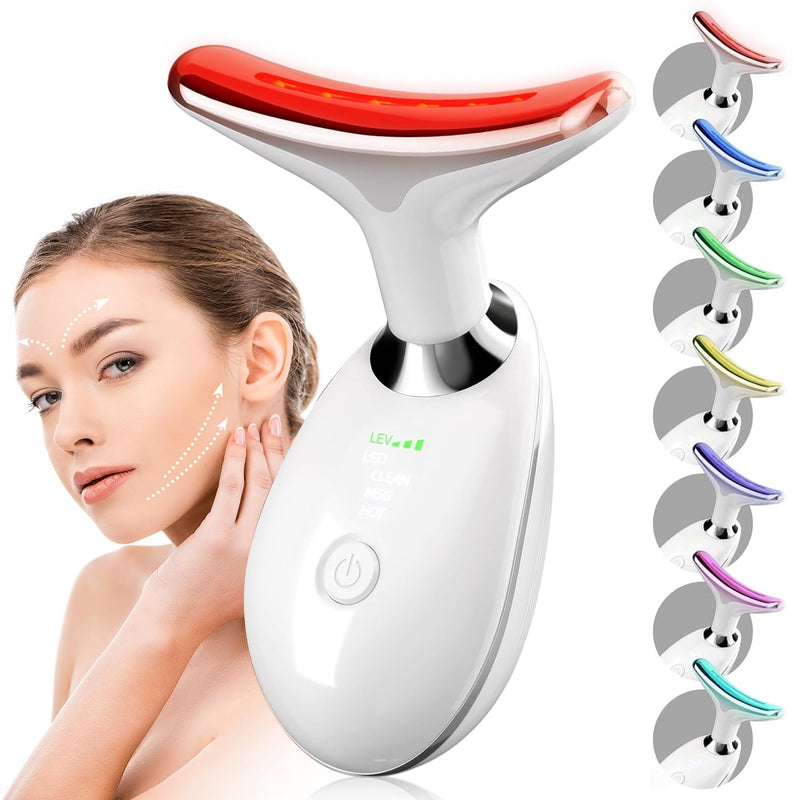 2025 New Face and Neck Massager Tool, 7 Colors LED Womens Skin Care Facial Massager for Skin Rejuvenation, Lifting, Toning, Glow Boost-White White