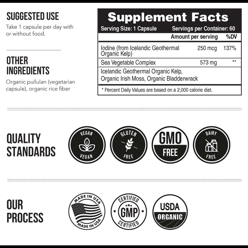 [Australia] - Organic Iodine Supplement from Sea Vegetable Complex, Whole Food & Raw Form - Iodine Plus Trace Mineral Complex – Contains Purest Icelandic Sea Kelp, Irish Moss & Bladderwrack (250 mcg) 60 Count (Pack of 1) 