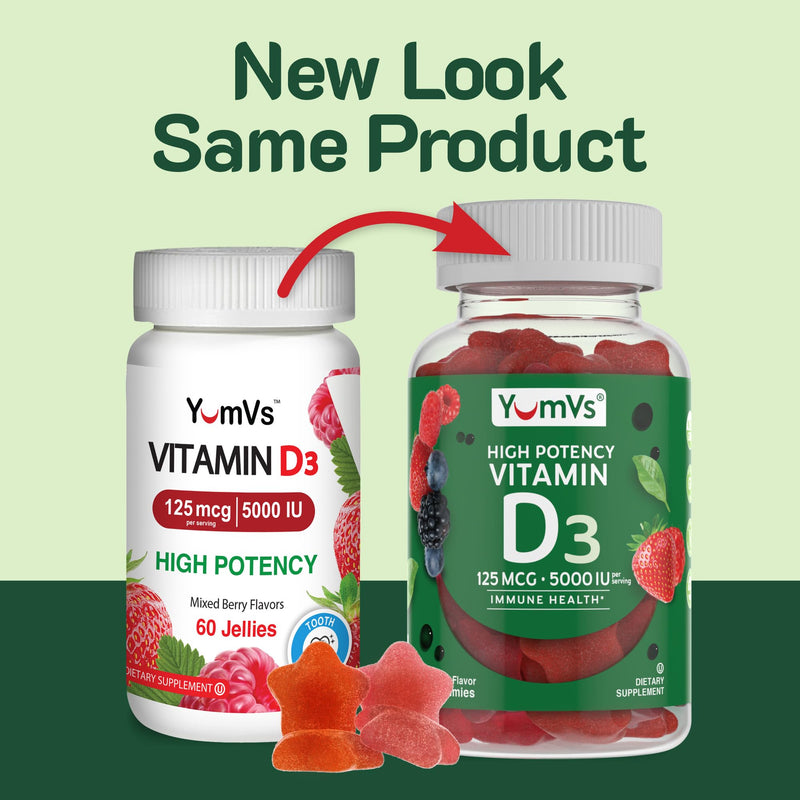 YUM-V'S Vitamin D3 Gummies 5000 IU 125mcg D3 Gummies - Support Immune Support, Strong Bone Health - Non-GMO, Gluten-Free, Dairy-Free, Vitamin D Gummy (60 Count) 60 Count (Pack of 1)